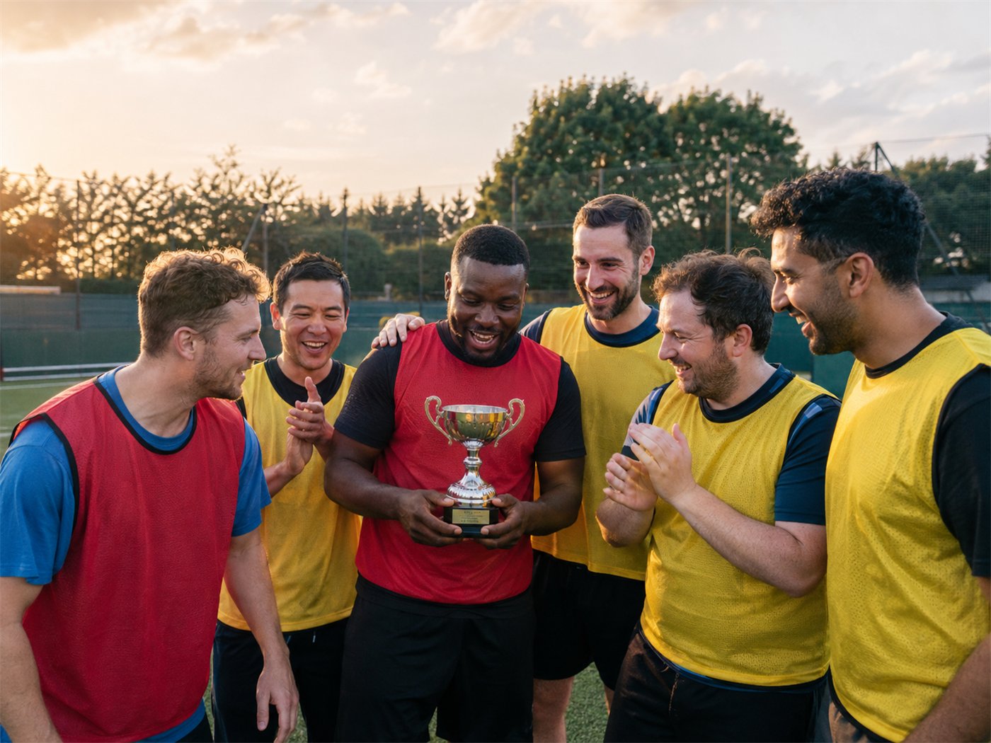 Corporate football team celebrating with a trophy
