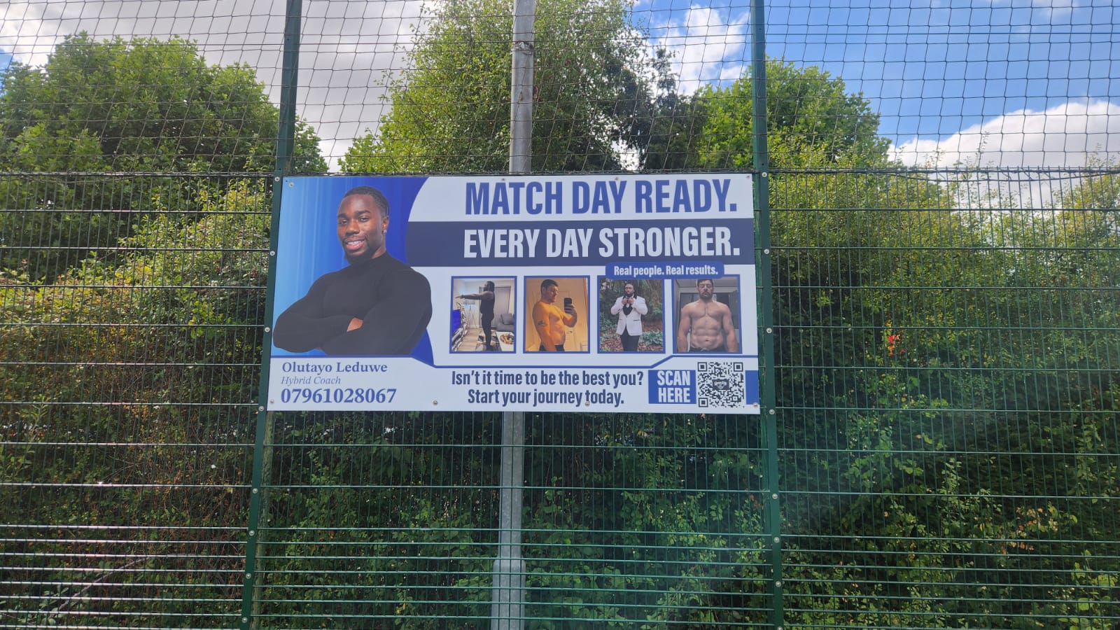 Local business advertising board beside the Willen Lake football pitch Local business advertising board beside the Willen Lake football pitch